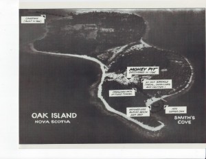 Areial view of Oak Island (1965) showing workings in the Money Pit area (right).