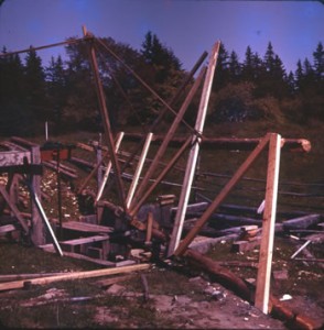 The A-frame being raised (necessary to keep the weight of the pump off the deteriorating Hedden shaft timbers).