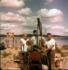 Fred Sparham (Dad's friend and first major investor) with Bobby and my Dad, drilling into the Vertical Shaft (spring 1961).